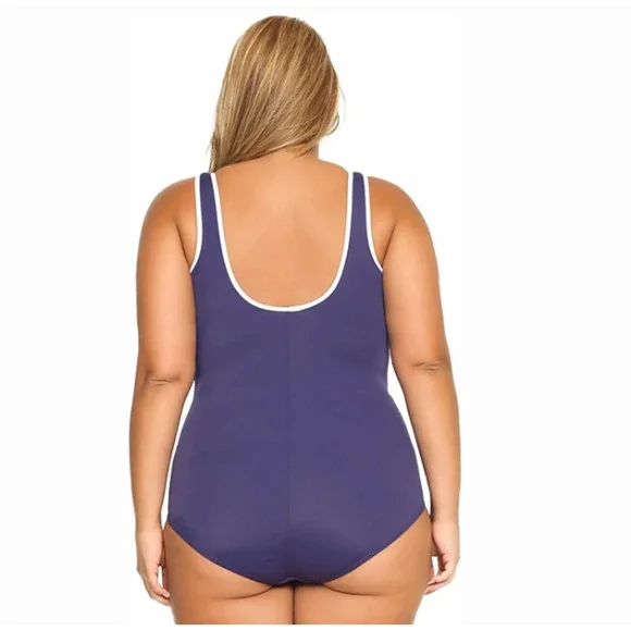 DELIMIRA Womens Built-in Cup 1-Piece Swimsuit Zip Front Navy Plus Size 20W 11297